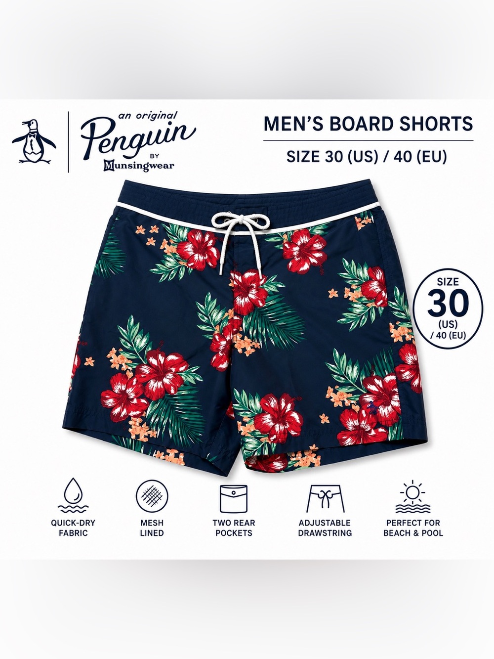 Original Penguin Floral Board Shorts Menās Size 30 Navy Hawaiian Swim Trunks